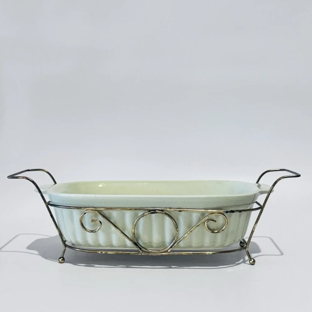 Vintage Pfaltzgraff 32oz Casserole Stoneware in Gold Metal Holder No 1093
